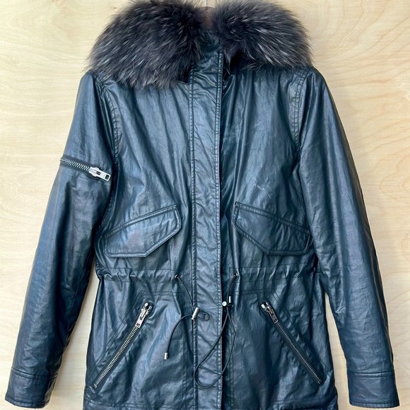 SAM Hudson Black Hooded Jacket Luxury Parka Canvas & Fox Fur Designer Coat EUC - Picture 4 of 11